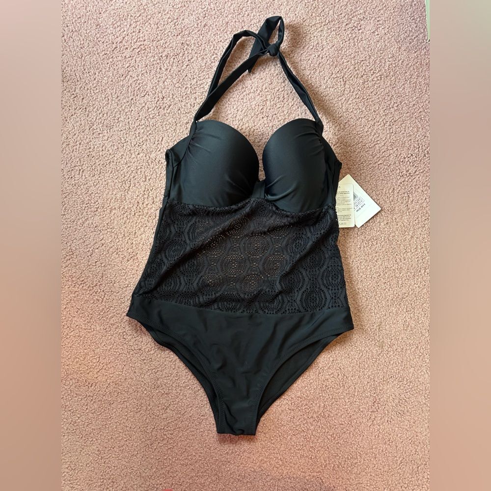 EU 40 US L Black Halter One-Piece Swimsuit laser cut design.